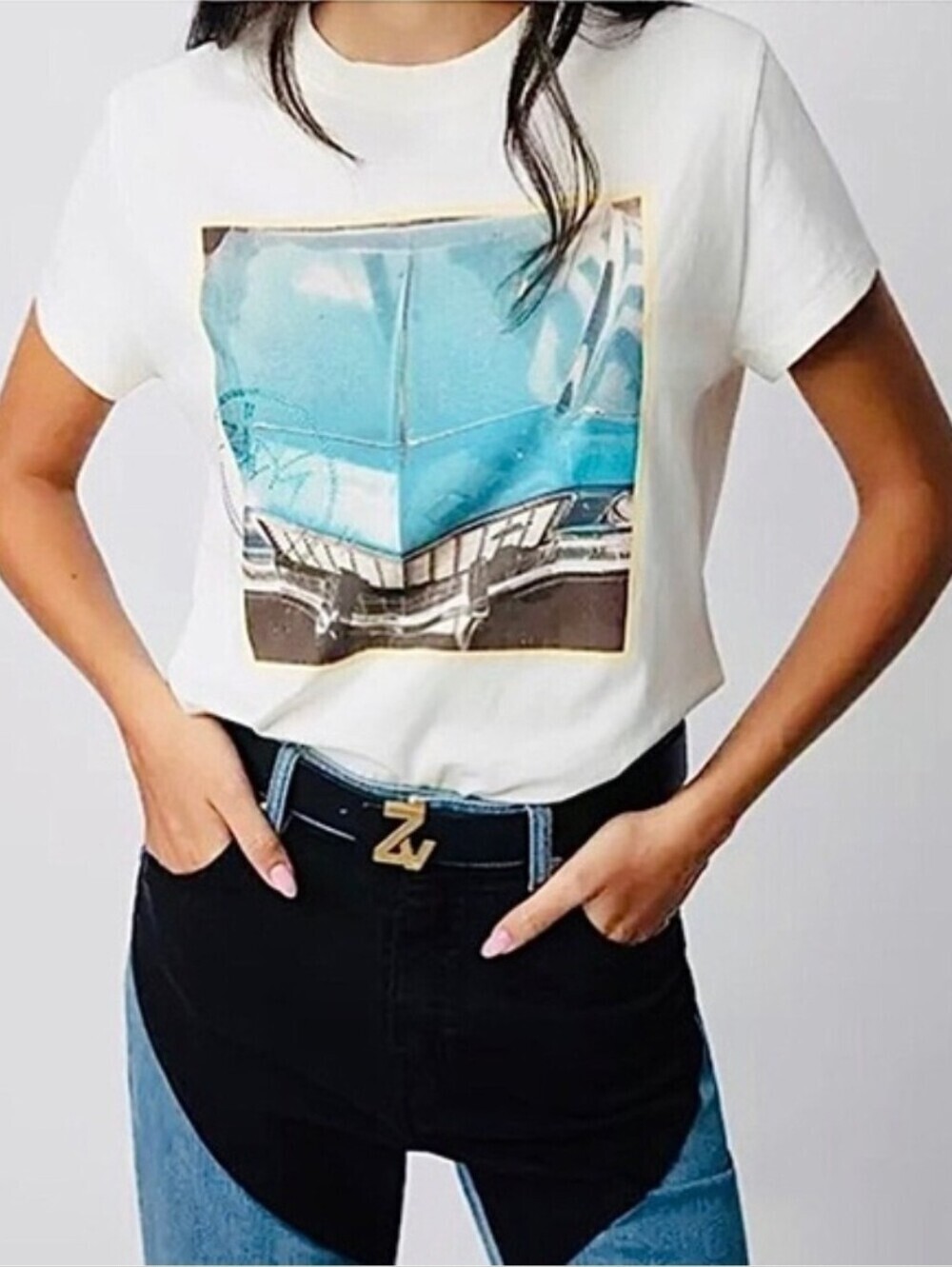 Zadig & Voltaire Zoe Photoprint Blue Car Strass Cotton T-shirt M Diamante ECRU